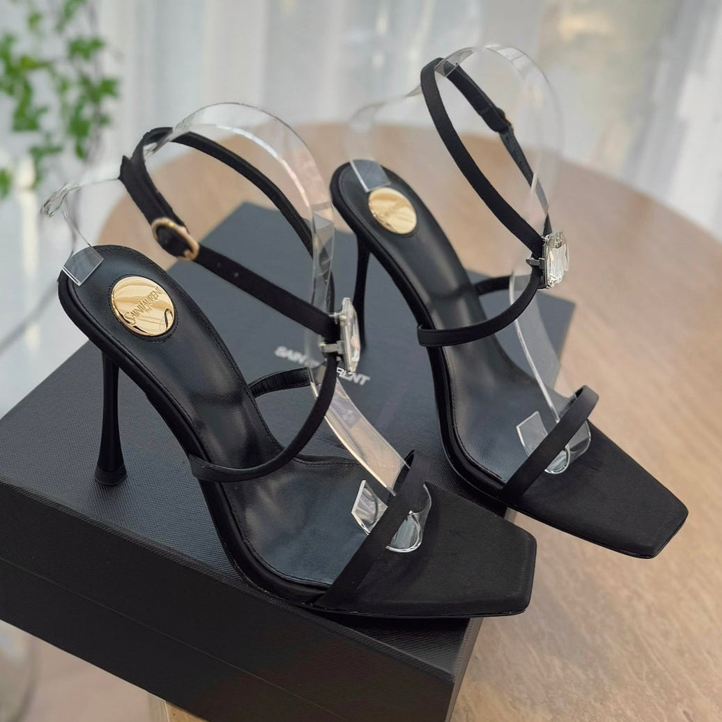 HIGH HEEL SANDAL 10 CM IN BLACK SATIN CREPE AND CRYSTAL - 35
