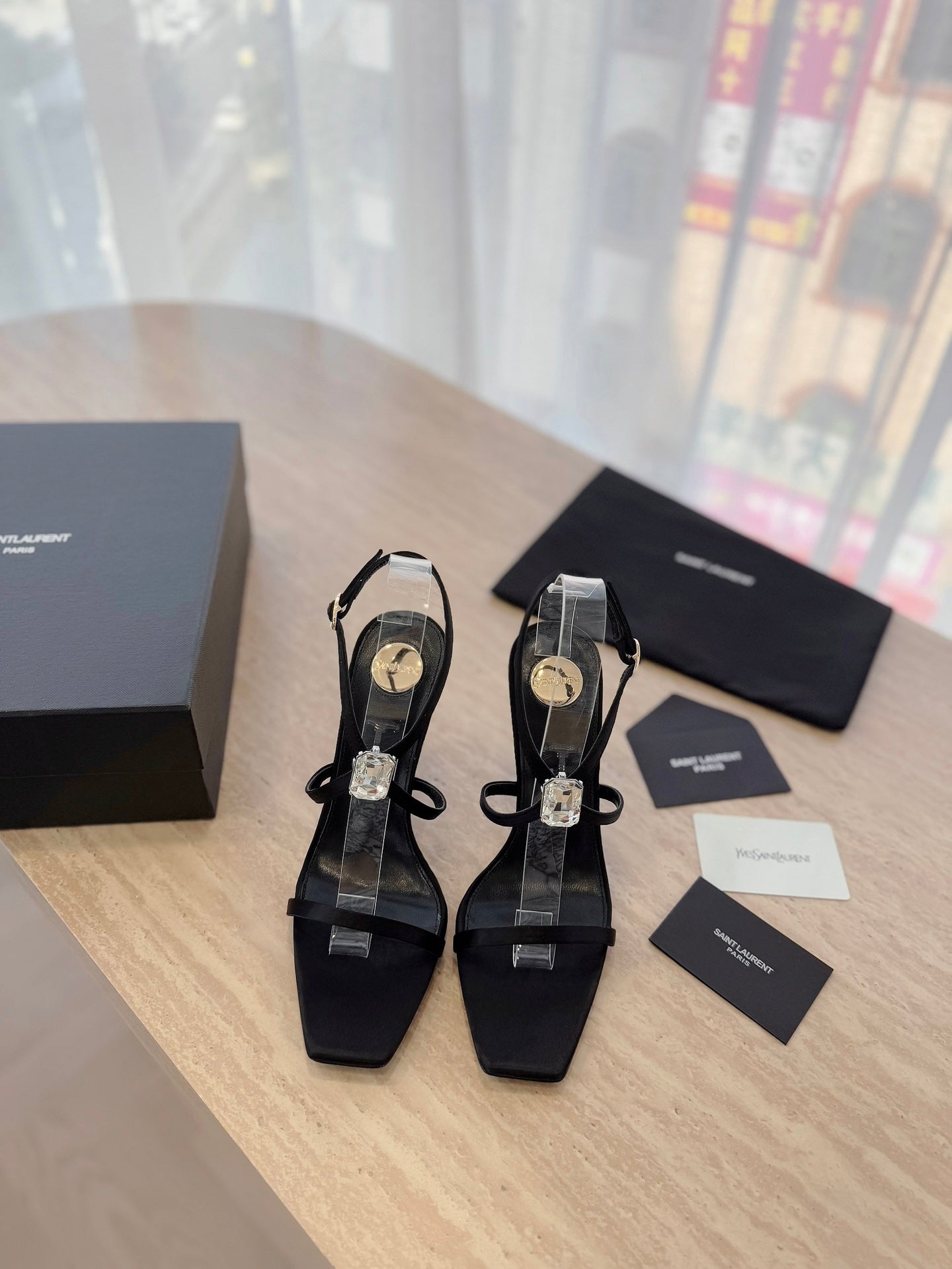 HIGH HEEL SANDAL 10 CM IN BLACK SATIN CREPE AND CRYSTAL - 35