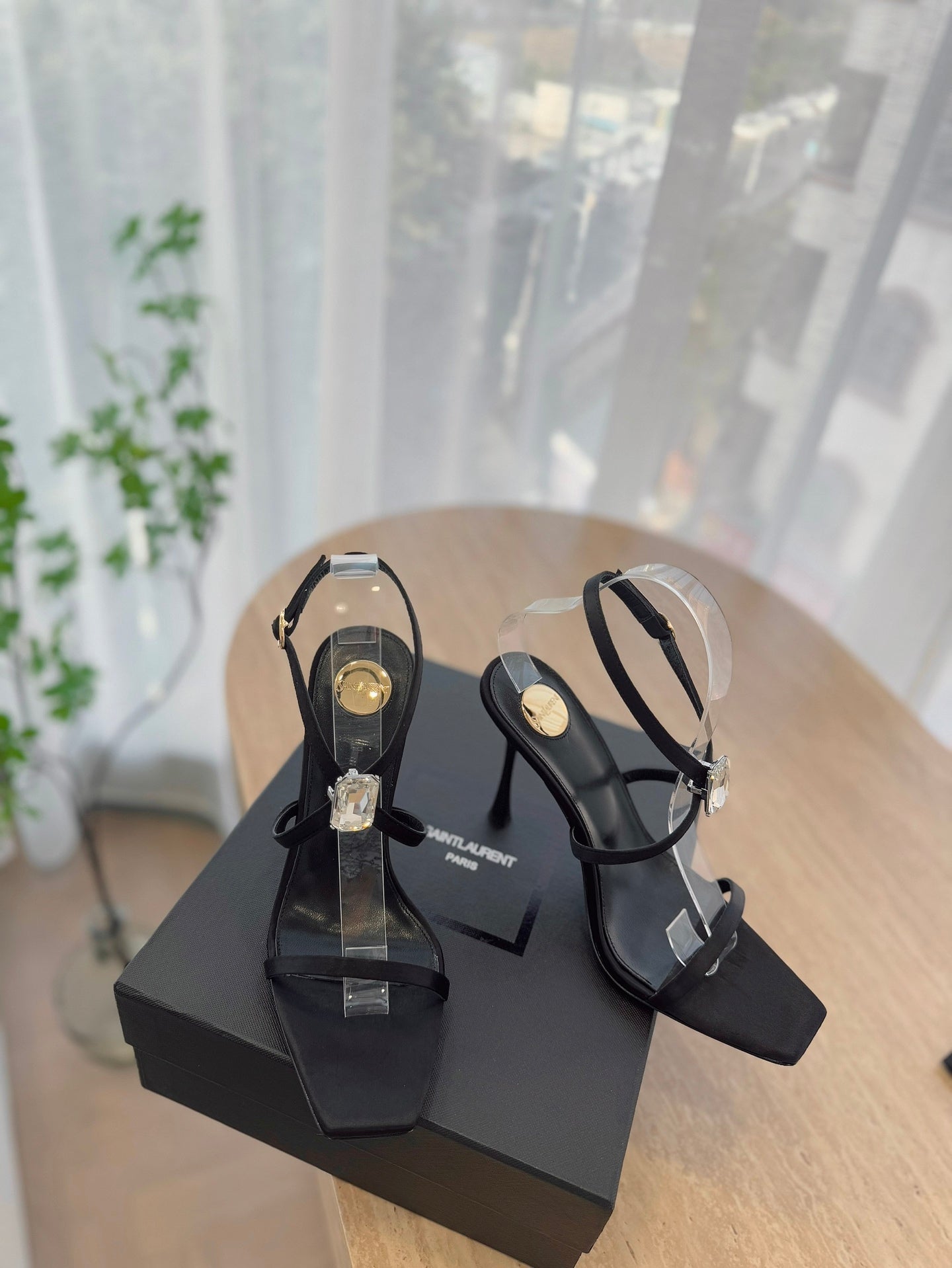 HIGH HEEL SANDAL 10 CM IN BLACK SATIN CREPE AND CRYSTAL - 35