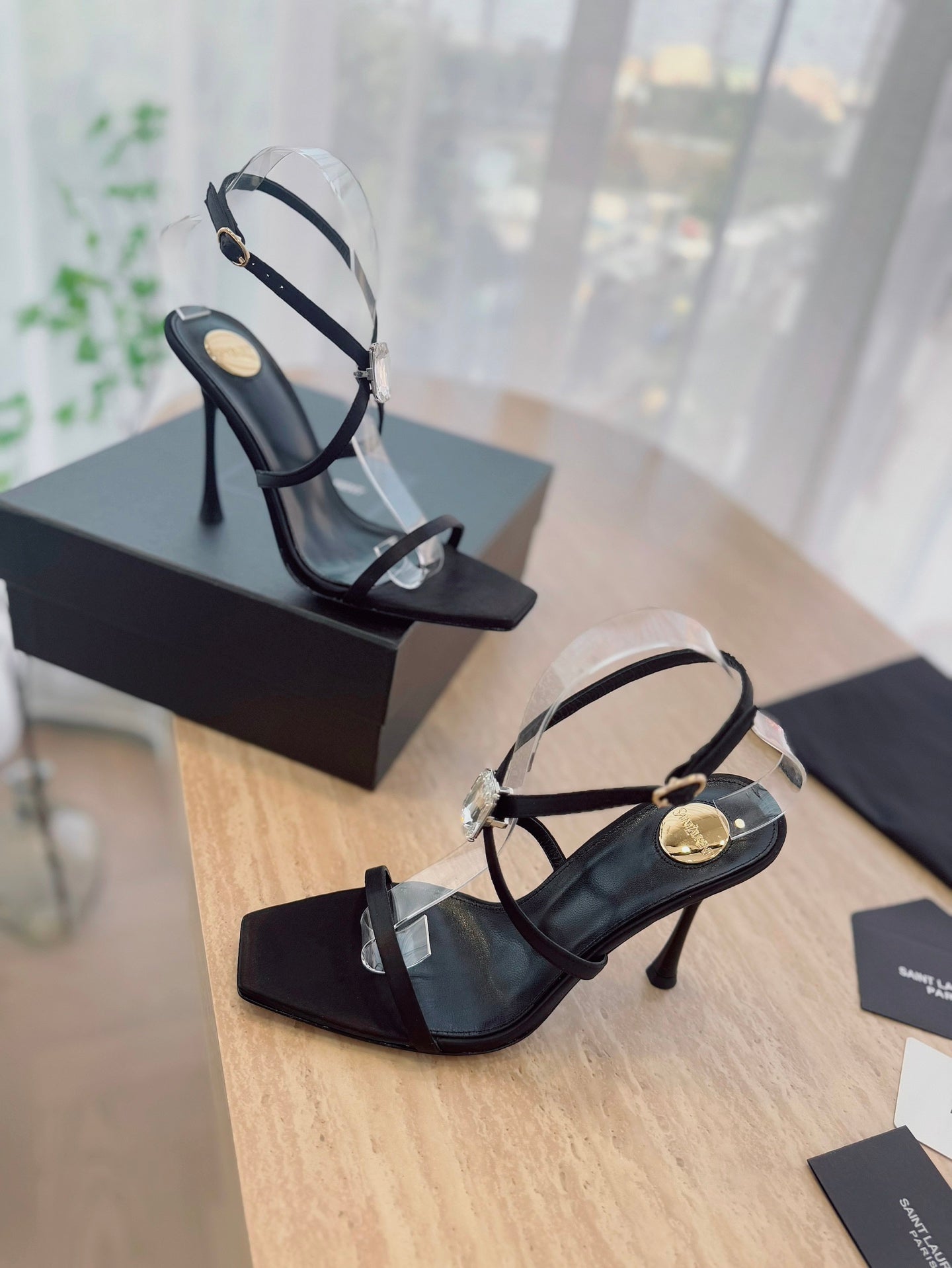 HIGH HEEL SANDAL 10 CM IN BLACK SATIN CREPE AND CRYSTAL - 35