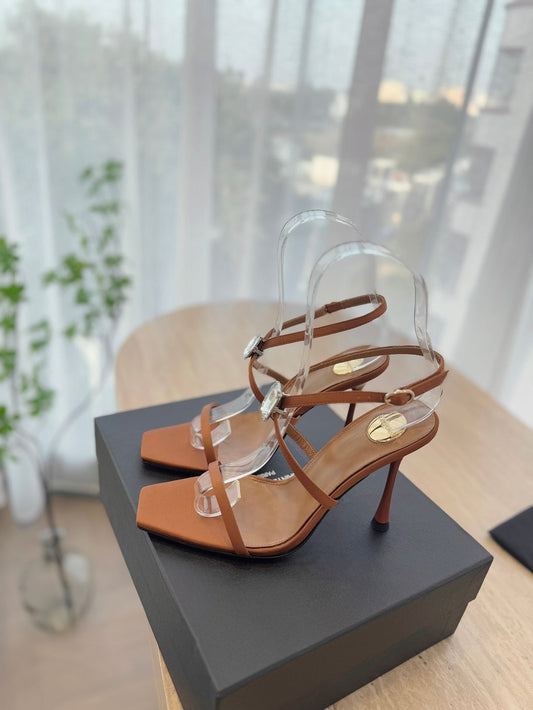 HIGH HEEL SANDAL 10 CM IN BRONZE BROWN SATIN CREPE AND CRYSTAL - 35