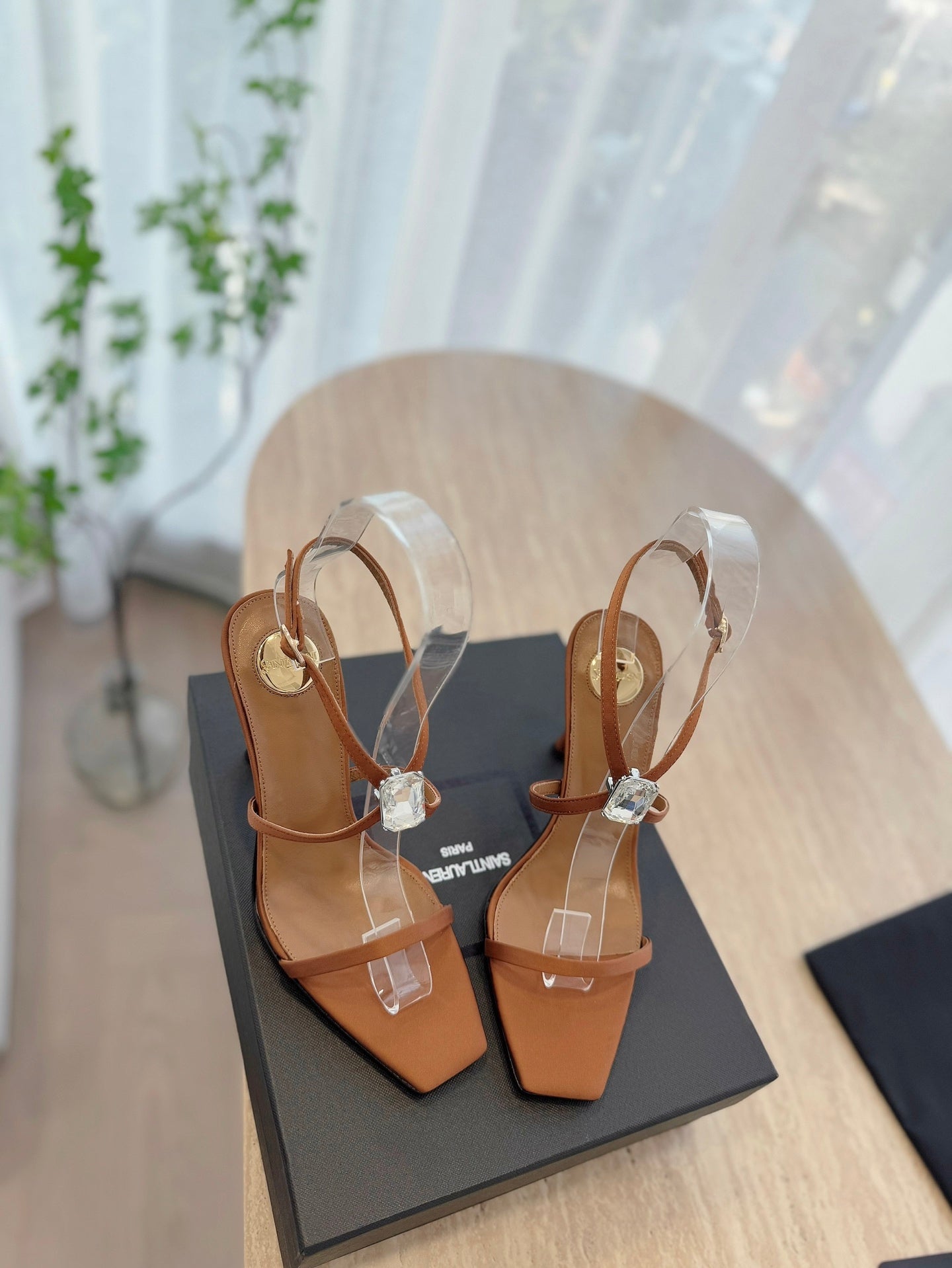 HIGH HEEL SANDAL 10 CM IN BRONZE BROWN SATIN CREPE AND CRYSTAL - 35