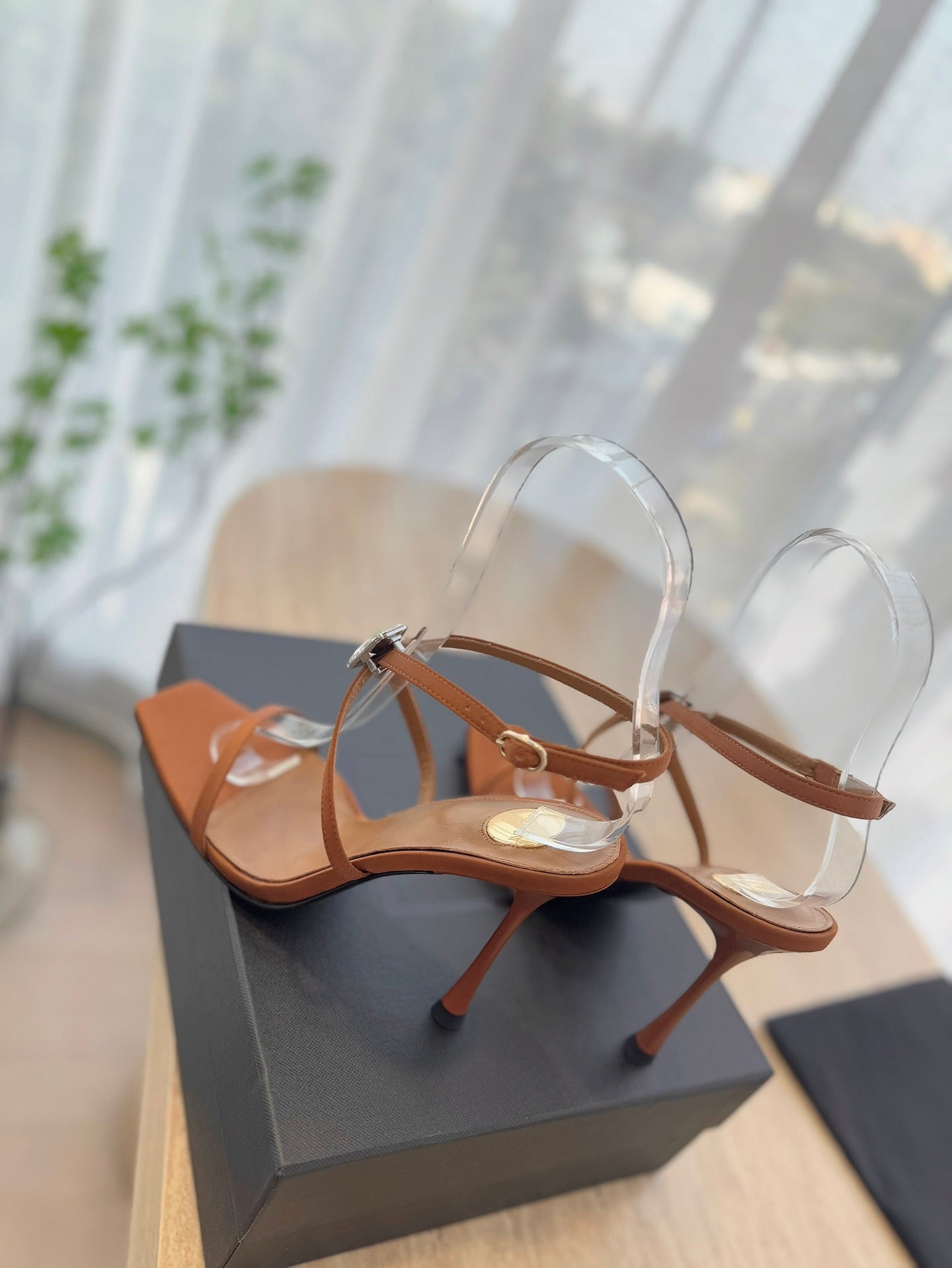 HIGH HEEL SANDAL 10 CM IN BRONZE BROWN SATIN CREPE AND CRYSTAL - 35