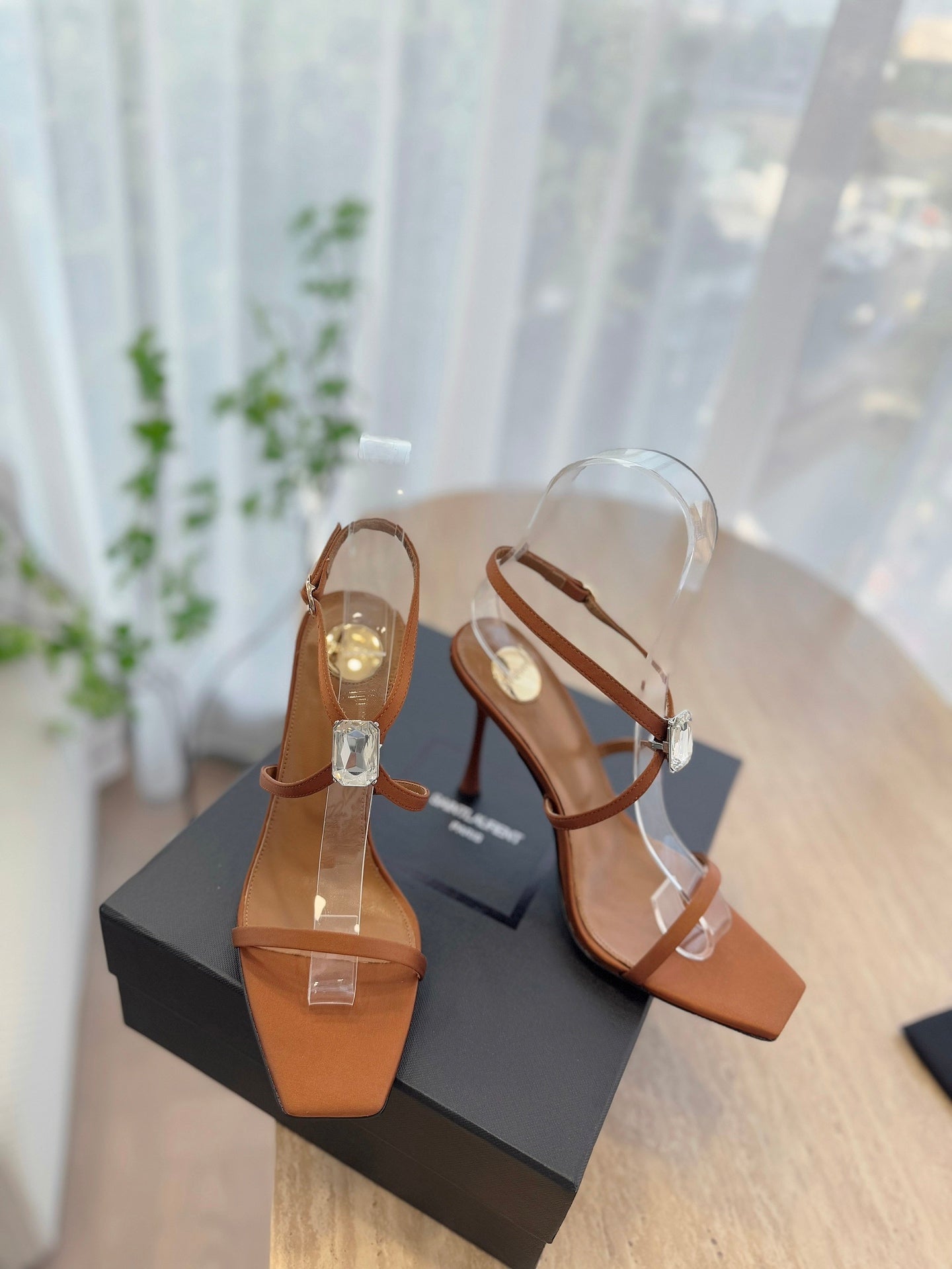 HIGH HEEL SANDAL 10 CM IN BRONZE BROWN SATIN CREPE AND CRYSTAL - 35