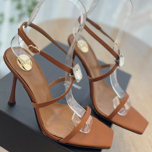 HIGH HEEL SANDAL 10 CM IN BRONZE BROWN SATIN CREPE AND CRYSTAL - 35
