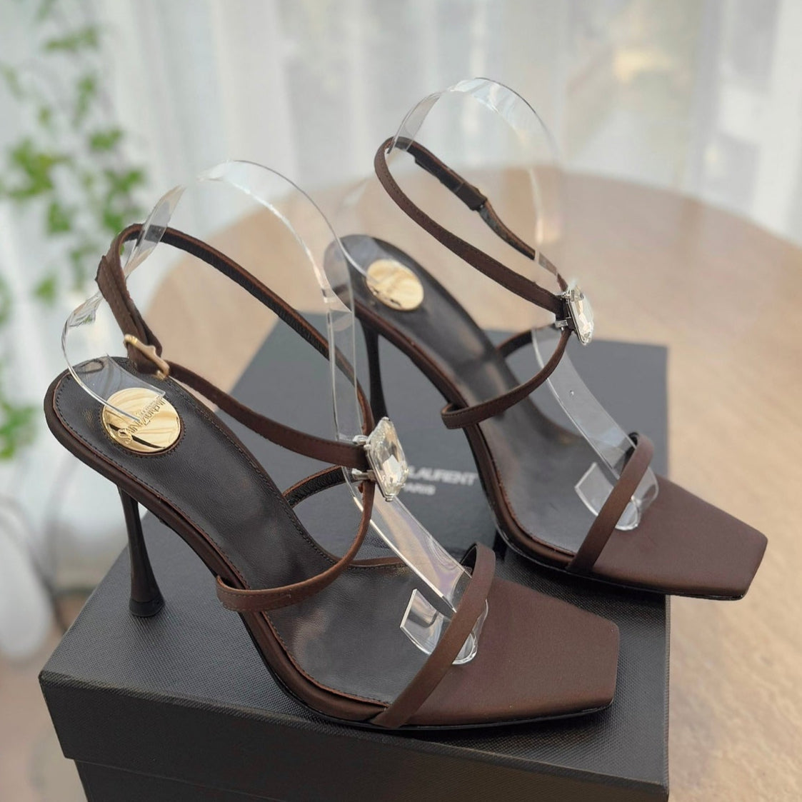 HIGH HEEL SANDAL 10 CM IN CHOCOLATE BROWN SATIN CREPE AND CRYSTAL - 35