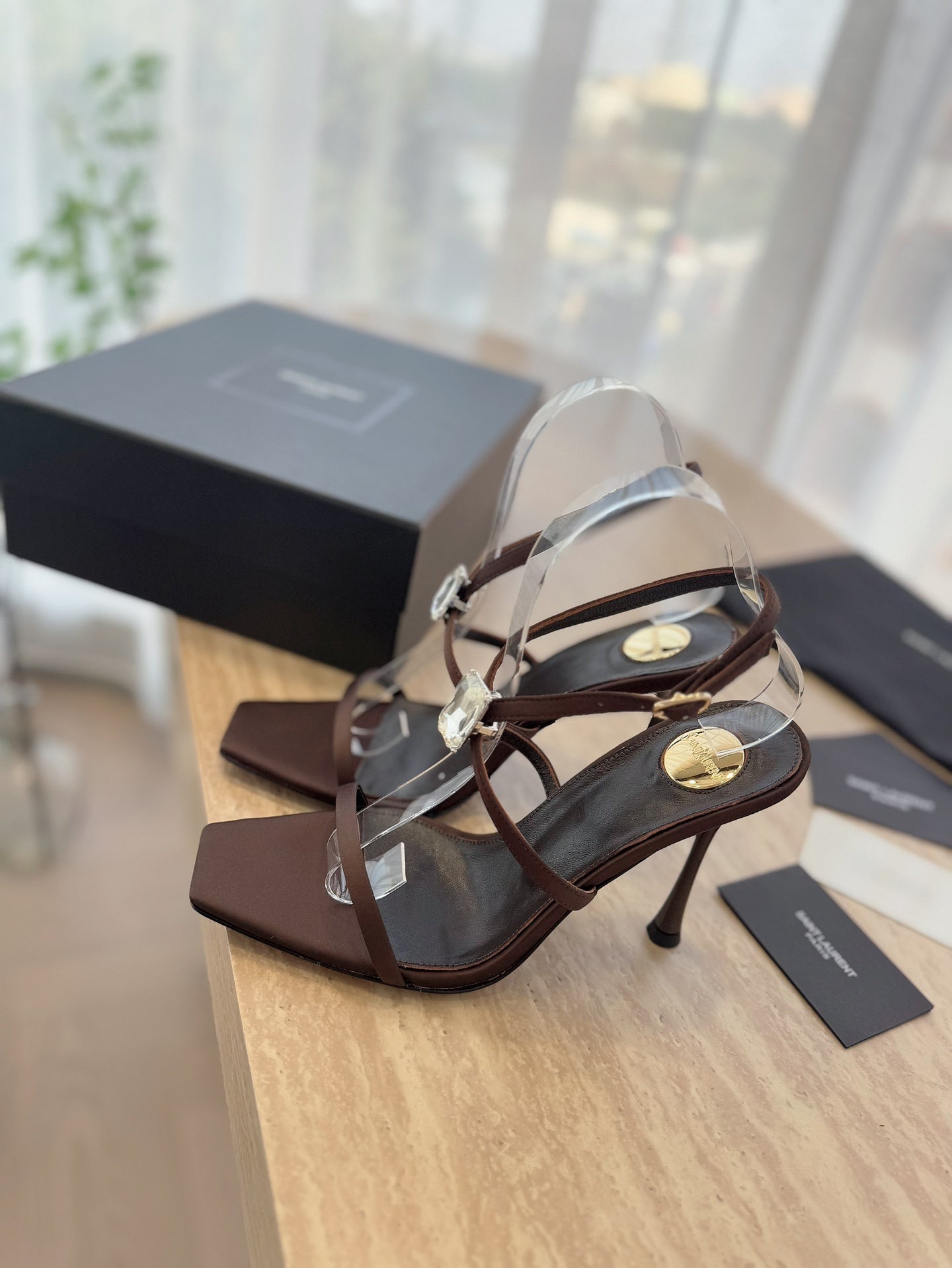 HIGH HEEL SANDAL 10 CM IN CHOCOLATE BROWN SATIN CREPE AND CRYSTAL - 35