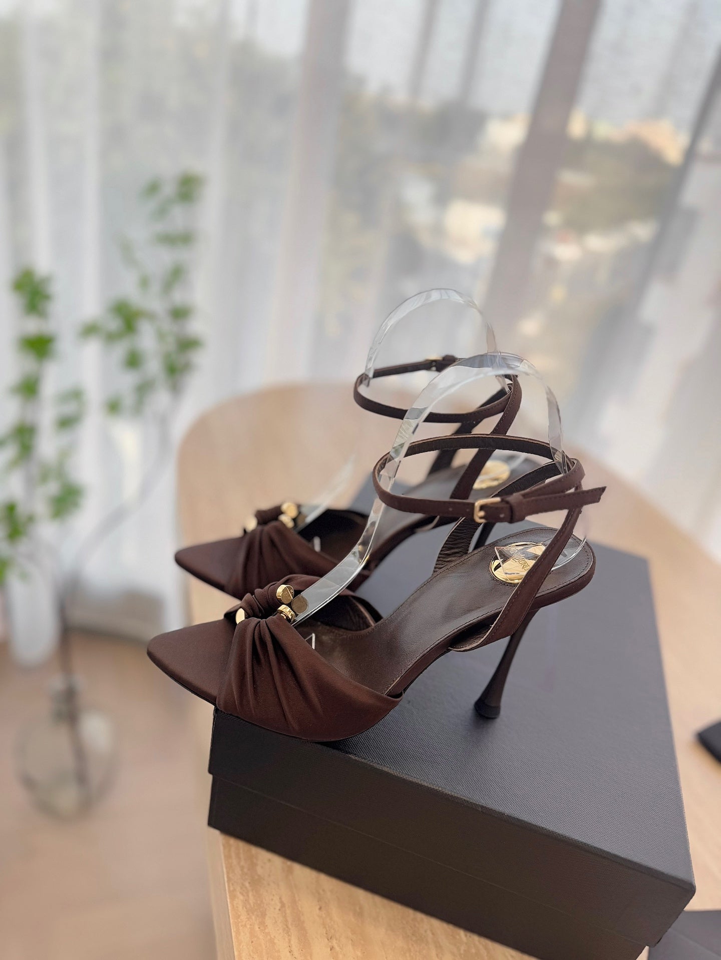 LOLA SANDAL 10 CM IN CHOCOLATE BROWN VISCOSE AND SILK - 35