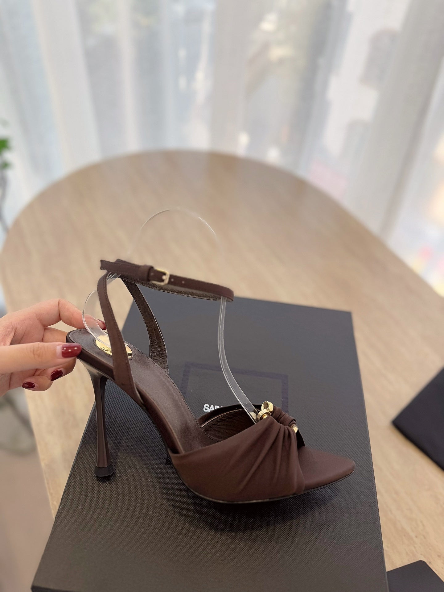 LOLA SANDAL 10 CM IN CHOCOLATE BROWN VISCOSE AND SILK - 35