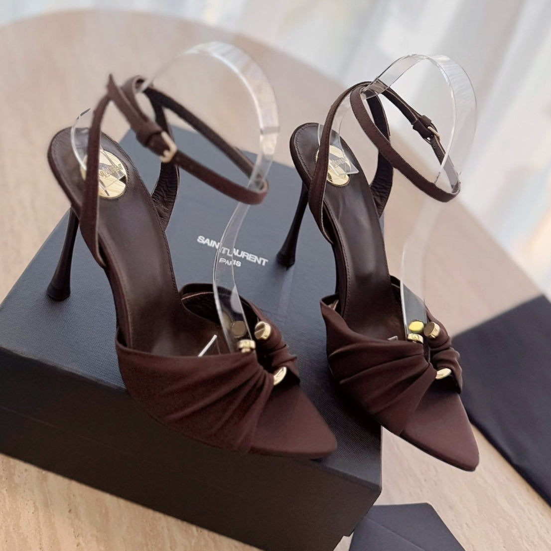 LOLA SANDAL 10 CM IN CHOCOLATE BROWN VISCOSE AND SILK - 35