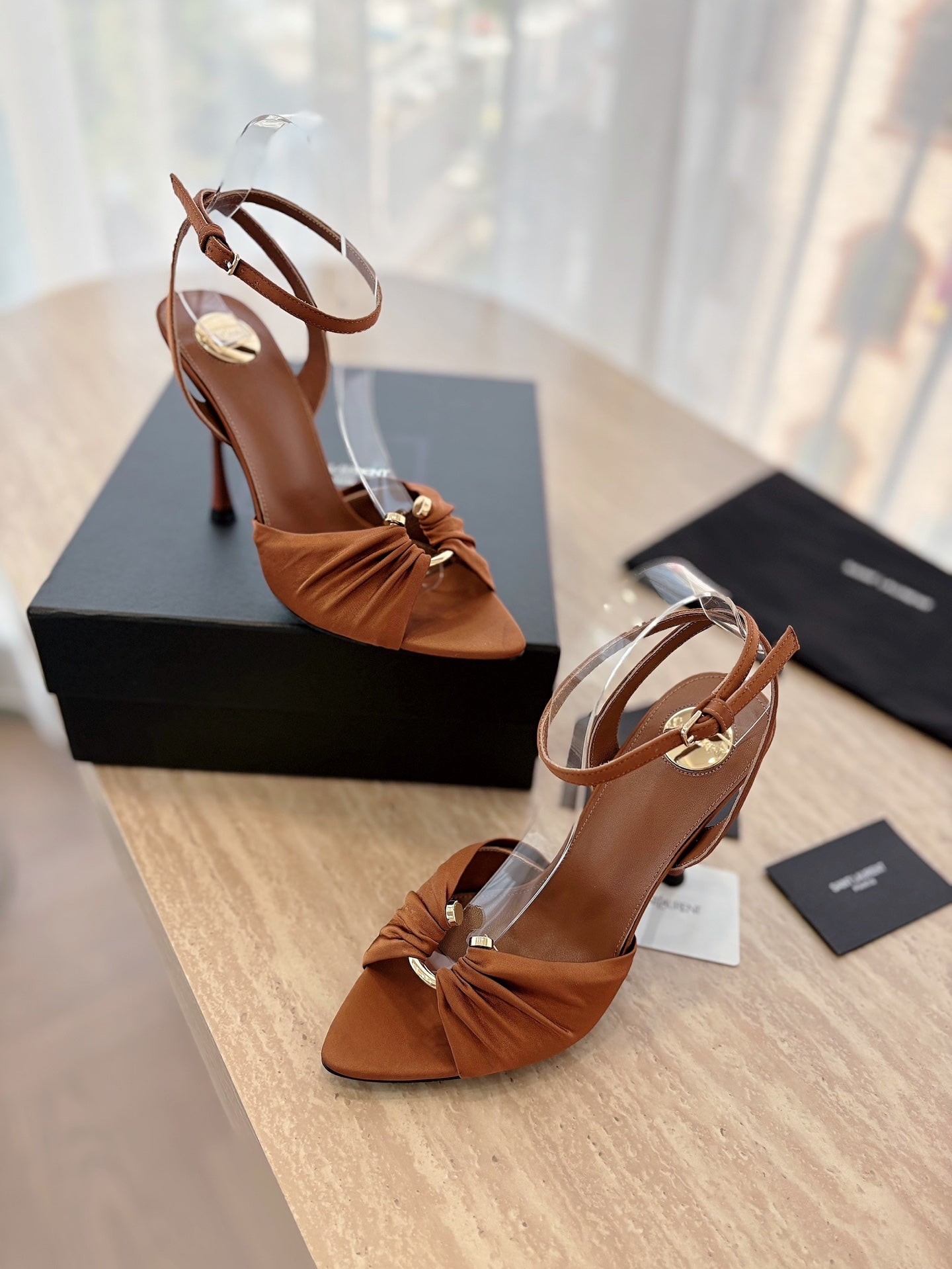LOLA SANDAL 10 CM IN BRONZE BROWN VISCOSE AND SILK - 35