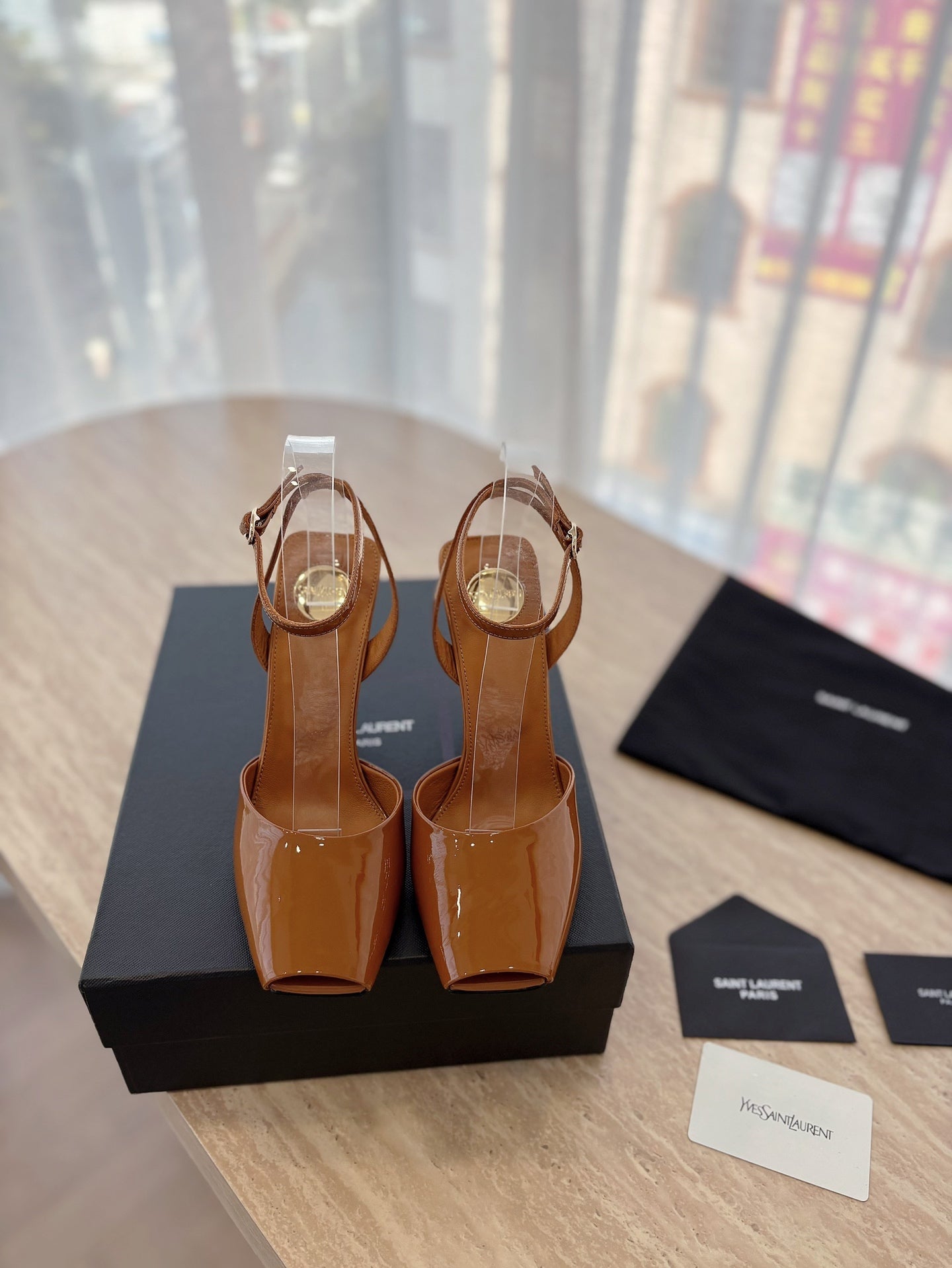 LA SCANDALE HIGH 10 CM WEDGE SANDALS IN BRONZE BROWN PATENT LEATHER - 35