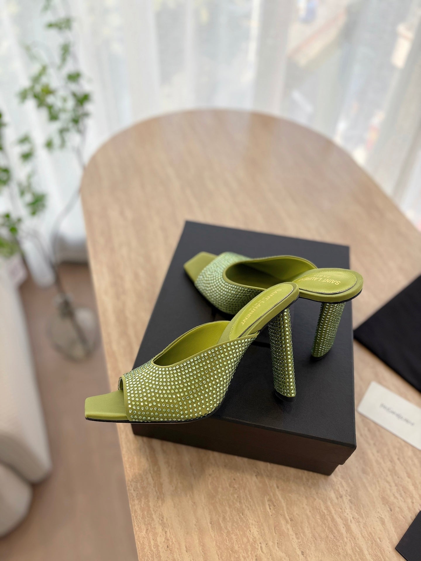 HIGH HEEL BLONDE MULE 10 CM IN OLIVE GREEN SATIN WITH RHINESTONES - 35