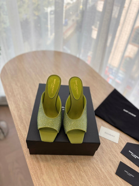 HIGH HEEL BLONDE MULE 10 CM IN OLIVE GREEN SATIN WITH RHINESTONES - 35