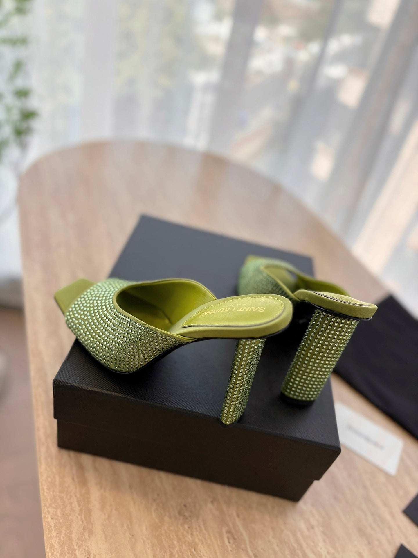 HIGH HEEL BLONDE MULE 10 CM IN OLIVE GREEN SATIN WITH RHINESTONES - 35