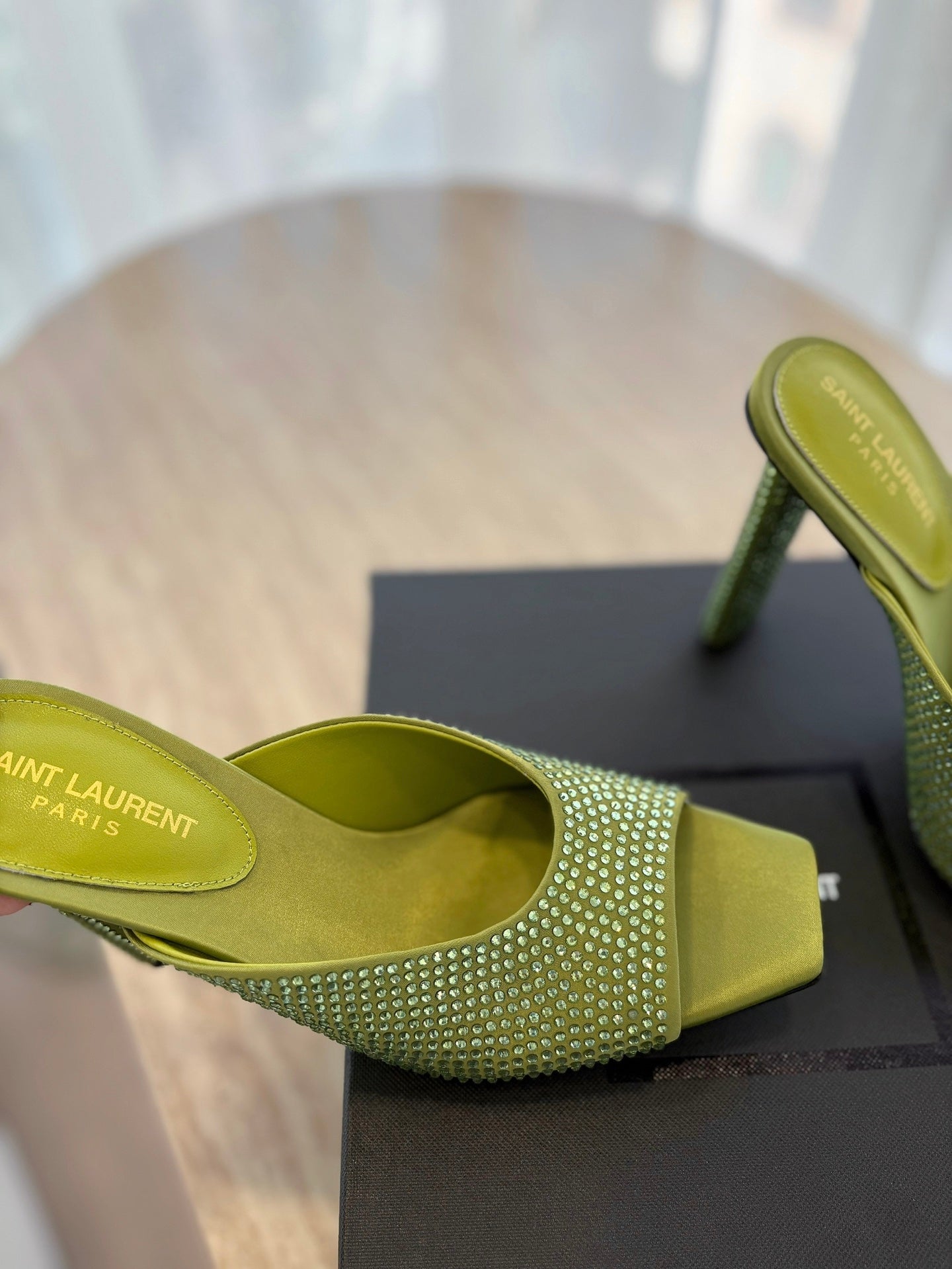 HIGH HEEL BLONDE MULE 10 CM IN OLIVE GREEN SATIN WITH RHINESTONES - 35