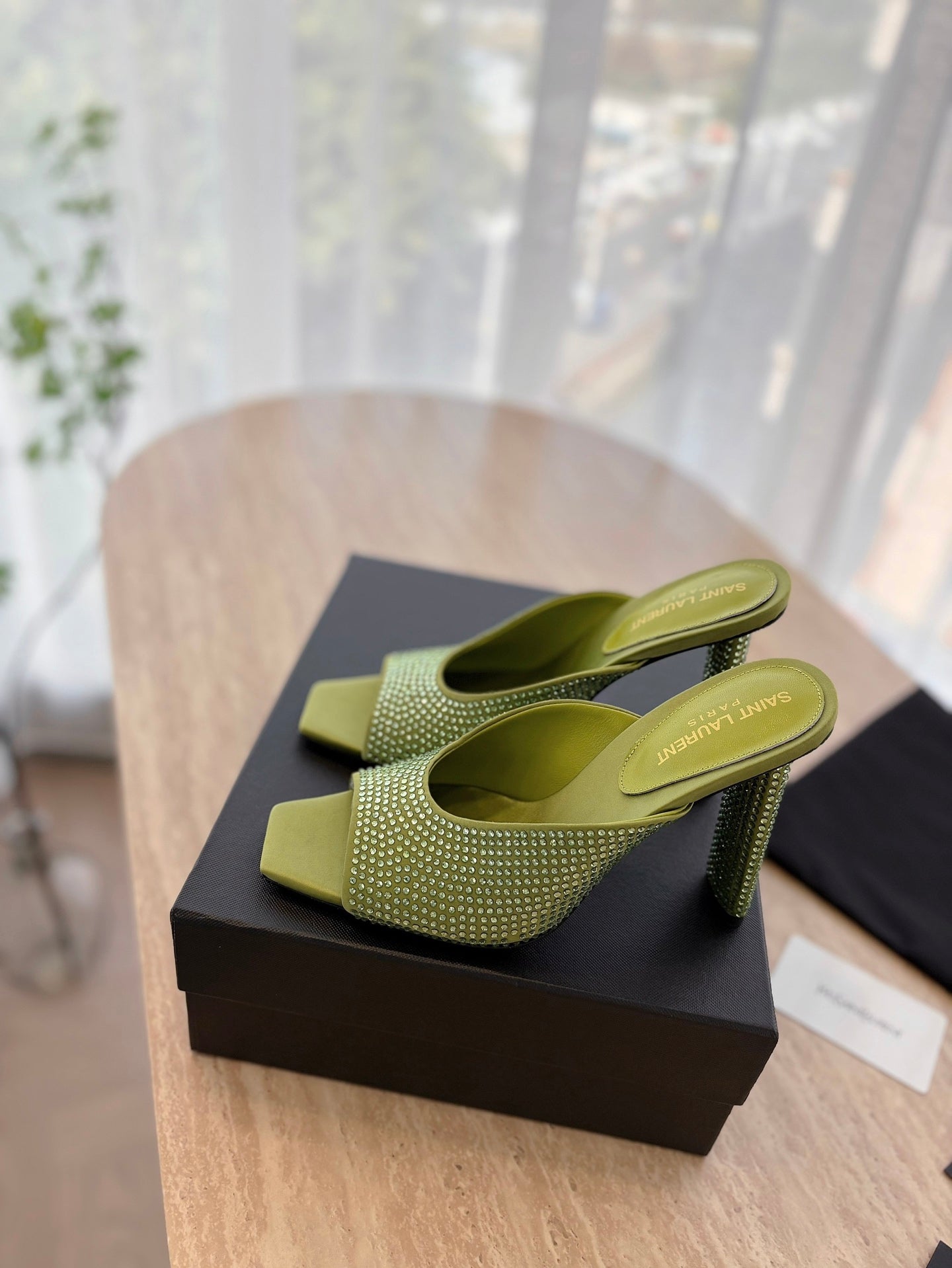 HIGH HEEL BLONDE MULE 10 CM IN OLIVE GREEN SATIN WITH RHINESTONES - 35