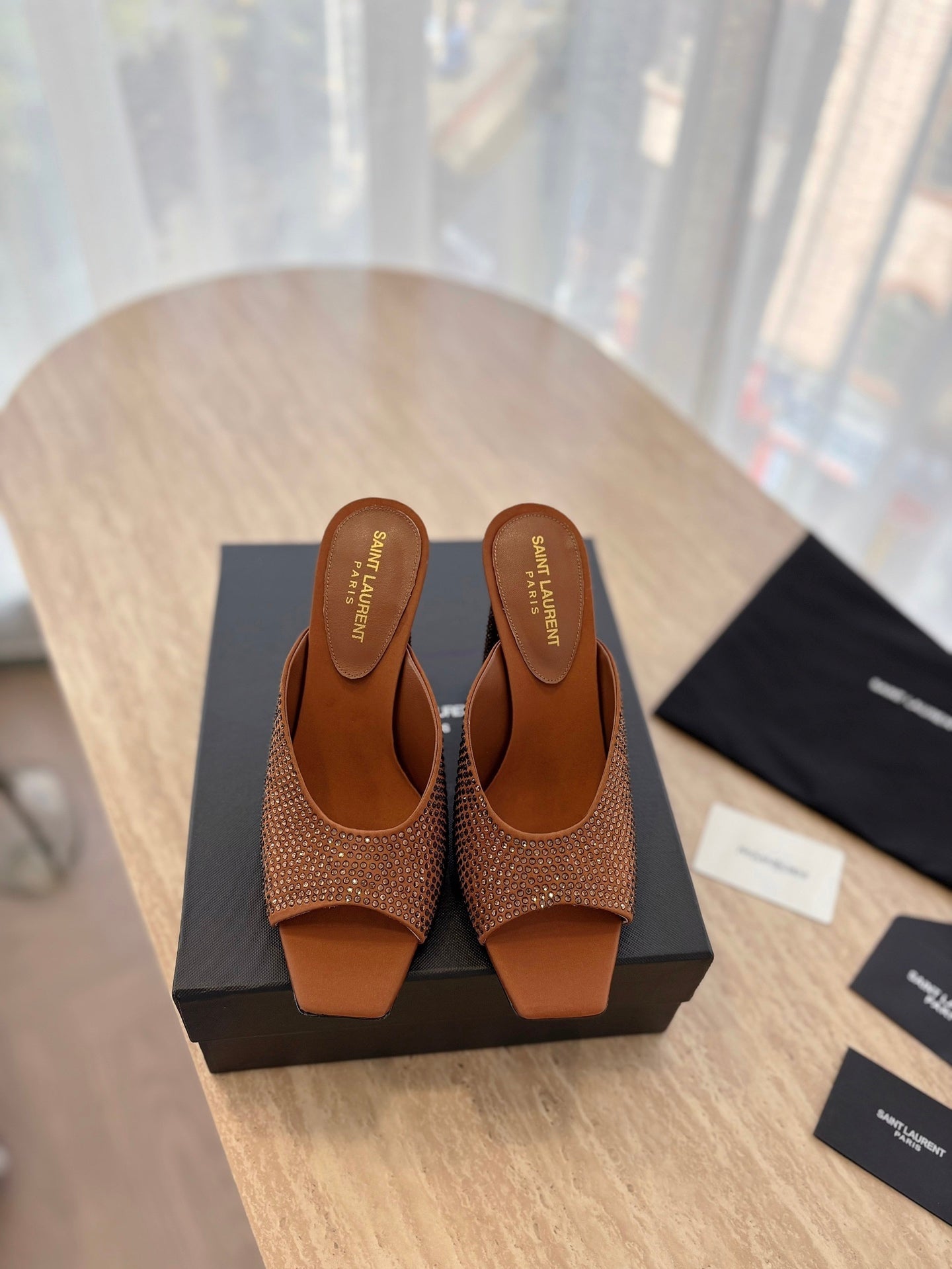 HIGH HEEL BLONDE MULE 10 CM IN BRONZE BROWN SATIN WITH RHINESTONES - 35