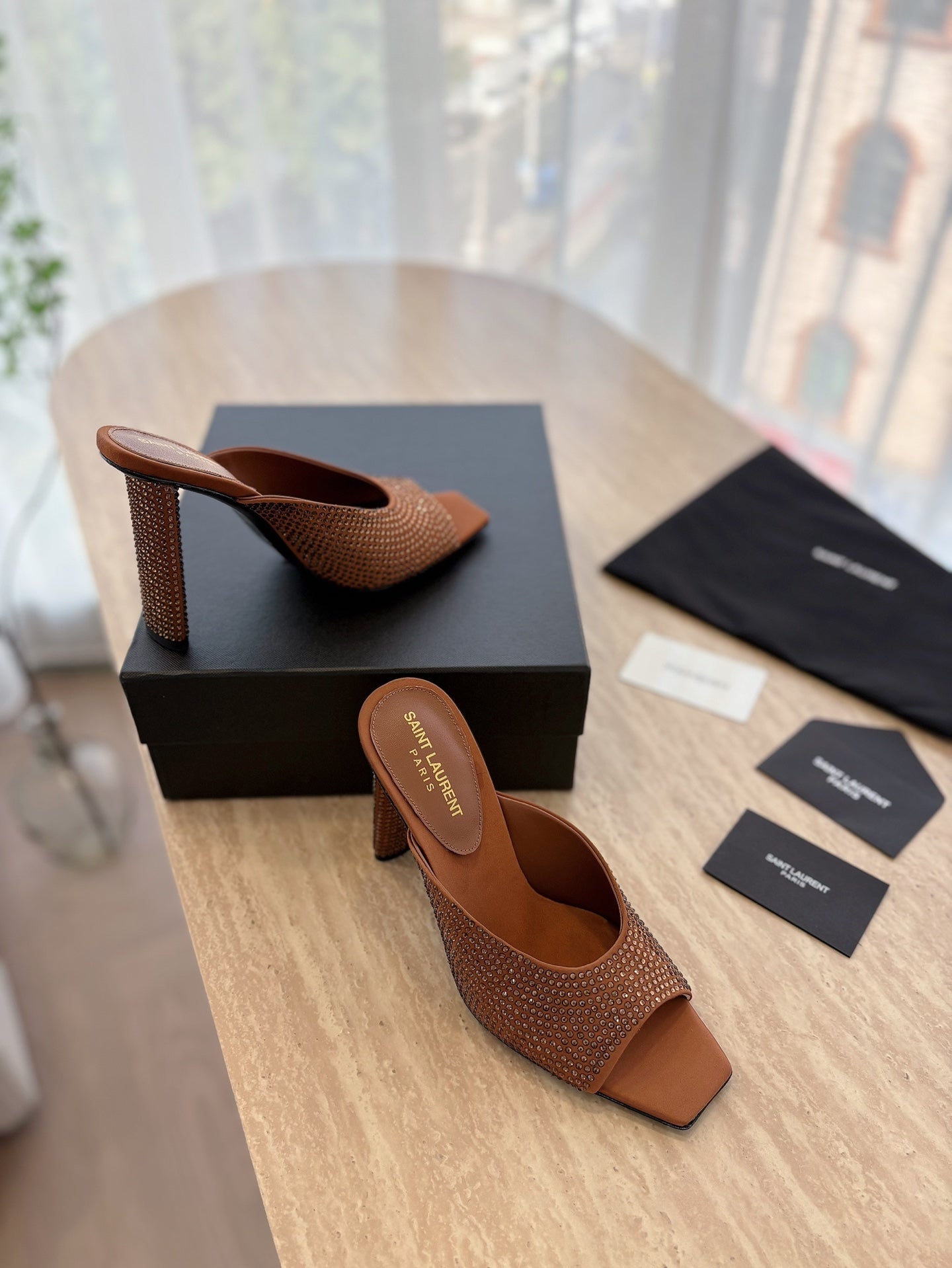 HIGH HEEL BLONDE MULE 10 CM IN BRONZE BROWN SATIN WITH RHINESTONES - 35