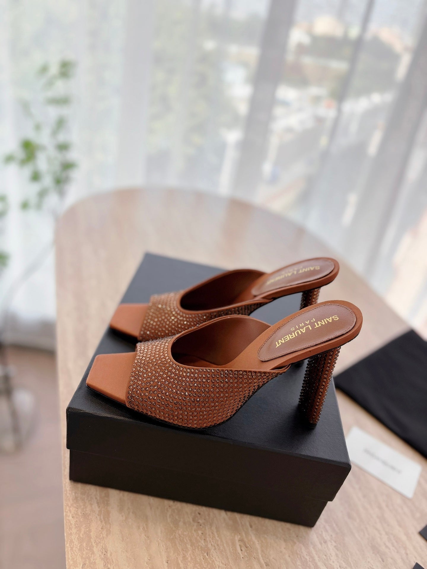 HIGH HEEL BLONDE MULE 10 CM IN BRONZE BROWN SATIN WITH RHINESTONES - 35