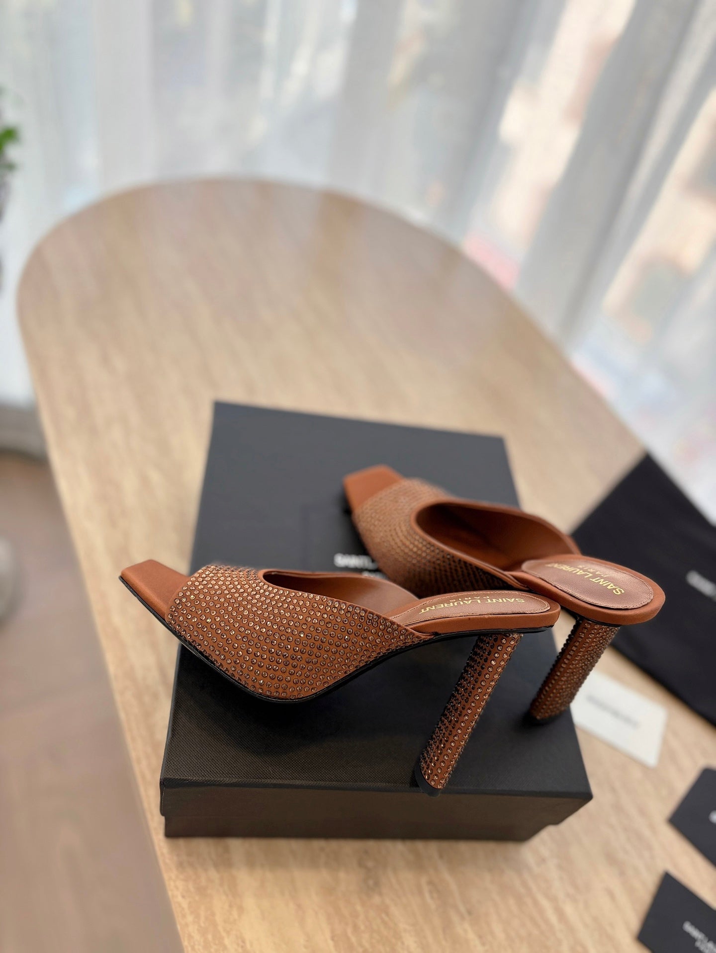 HIGH HEEL BLONDE MULE 10 CM IN BRONZE BROWN SATIN WITH RHINESTONES - 35