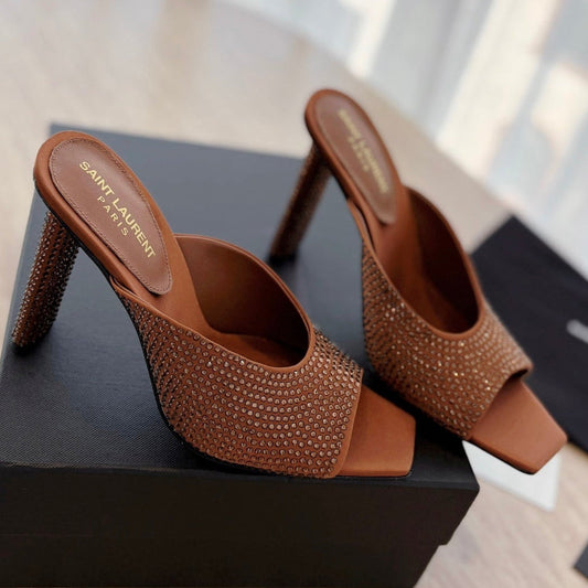 HIGH HEEL BLONDE MULE 10 CM IN BRONZE BROWN SATIN WITH RHINESTONES - 35