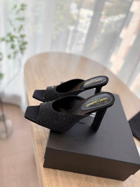 HIGH HEEL BLONDE MULE 10 CM IN BLACK SATIN WITH RHINESTONES - 35