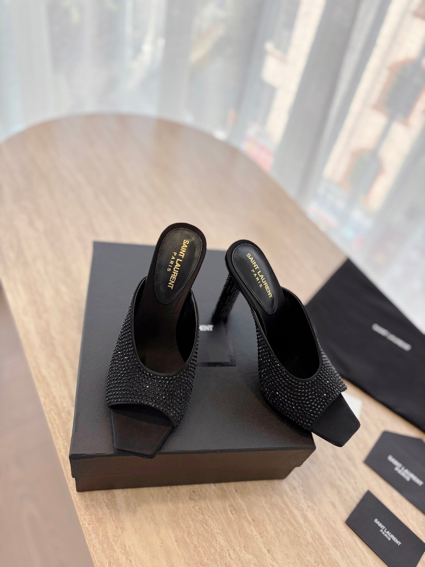 HIGH HEEL BLONDE MULE 10 CM IN BLACK SATIN WITH RHINESTONES - 35