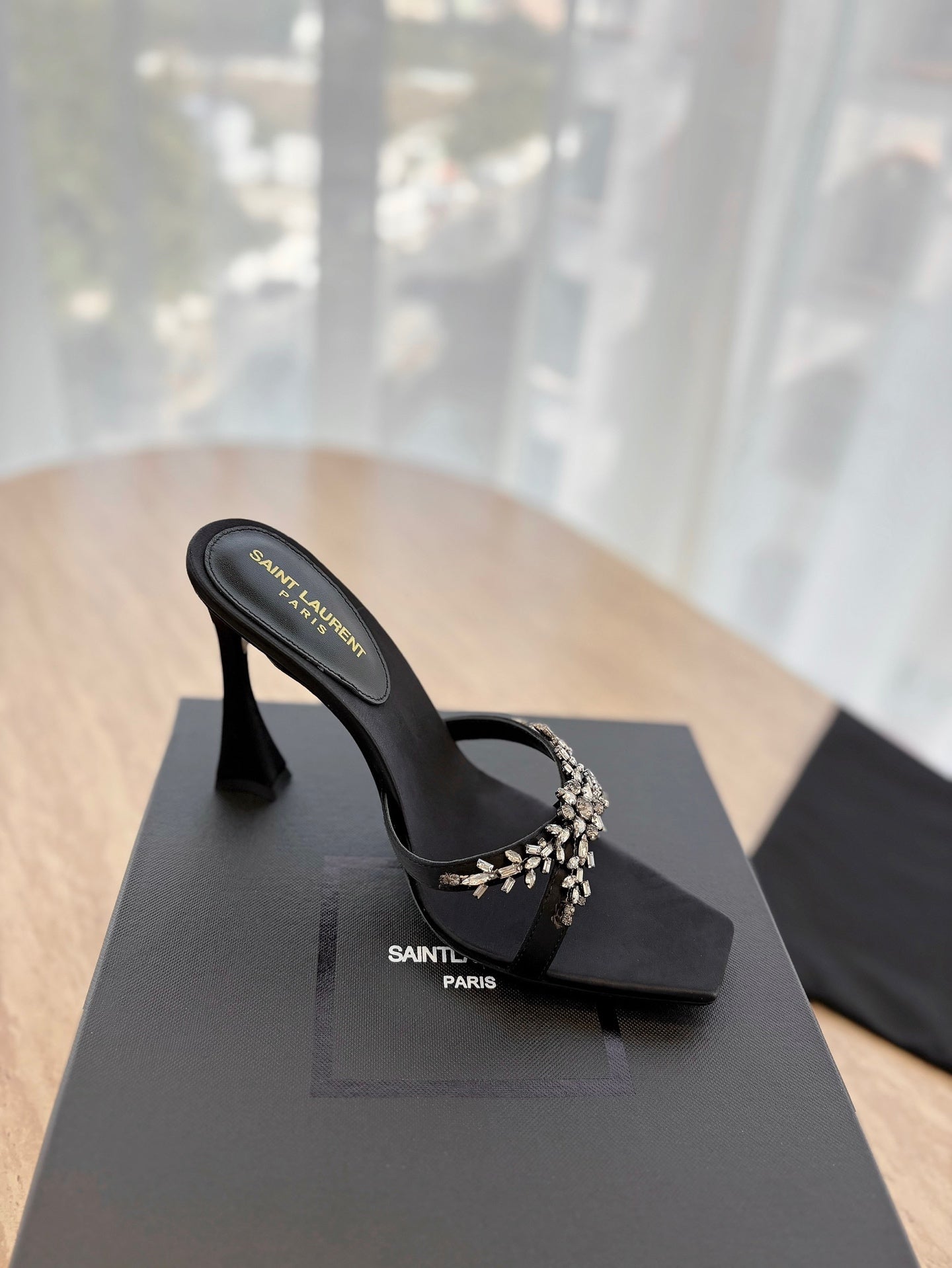 RAV HIGH HEEL 10 CM EMBELLISHED BLACK SATIN MULES - 35