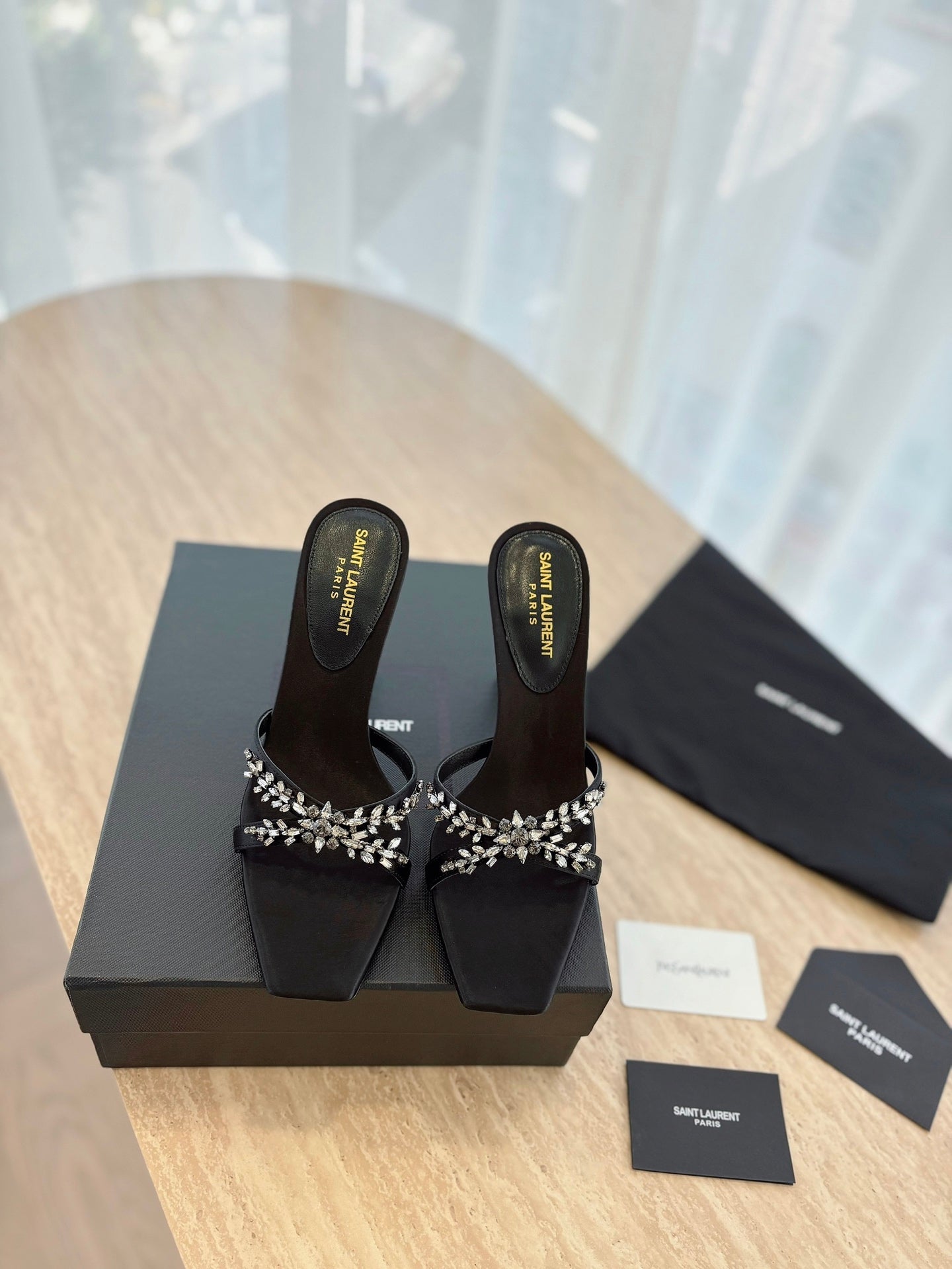 RAV HIGH HEEL 10 CM EMBELLISHED BLACK SATIN MULES - 35