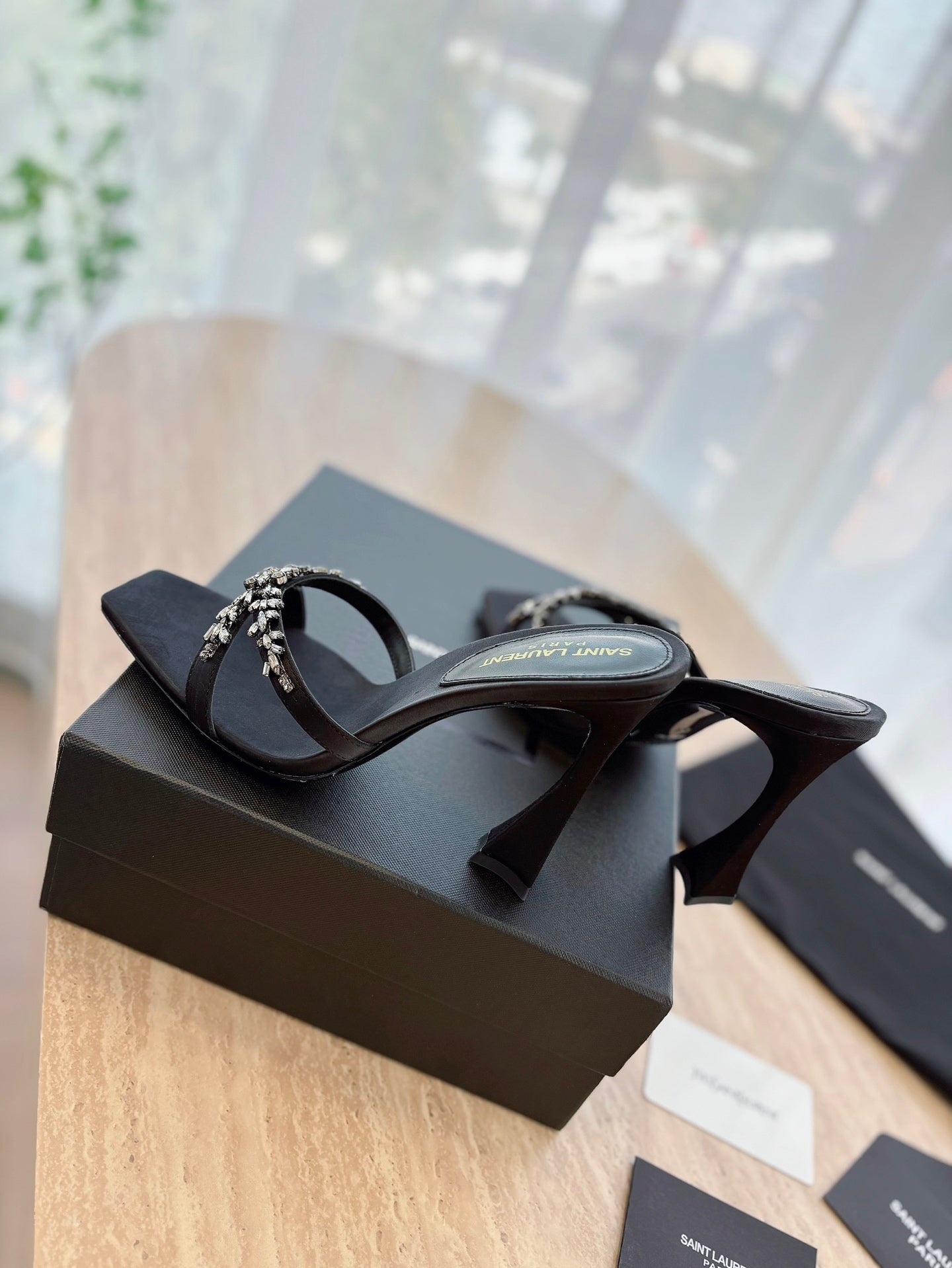 RAV HIGH HEEL 10 CM EMBELLISHED BLACK SATIN MULES - 35