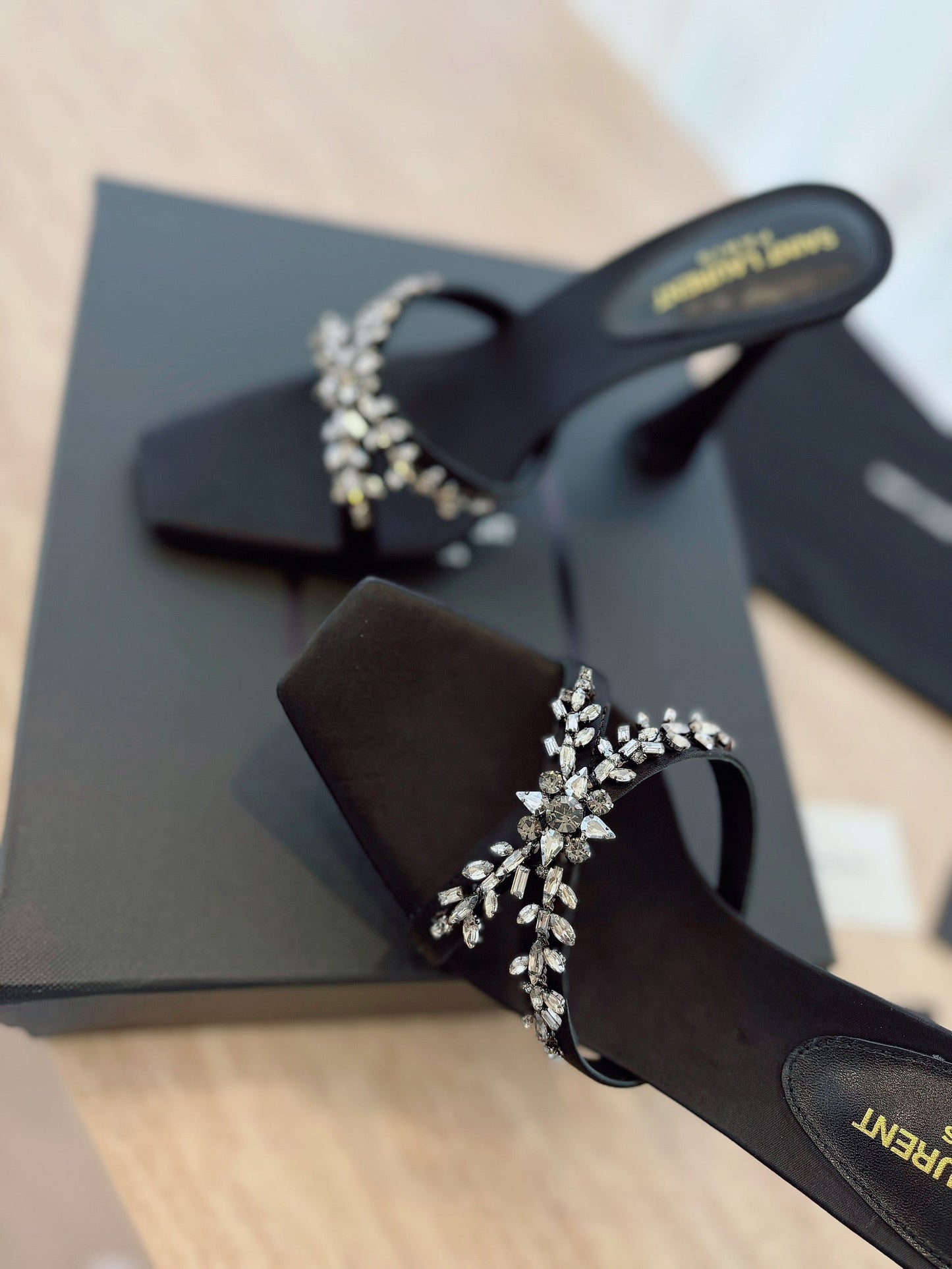RAV HIGH HEEL 10 CM EMBELLISHED BLACK SATIN MULES - 35