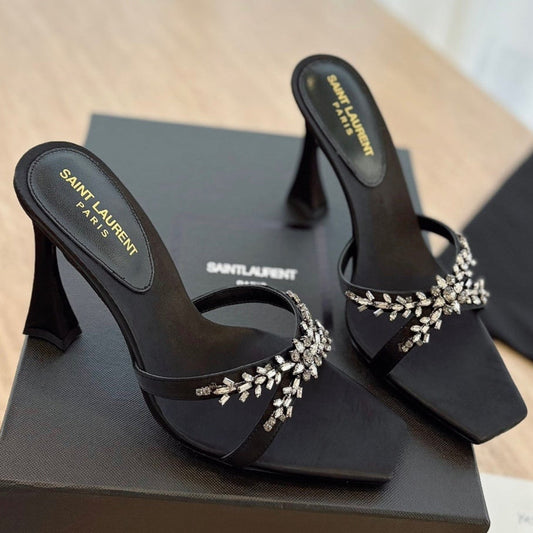 RAV HIGH HEEL 10 CM EMBELLISHED BLACK SATIN MULES - 35