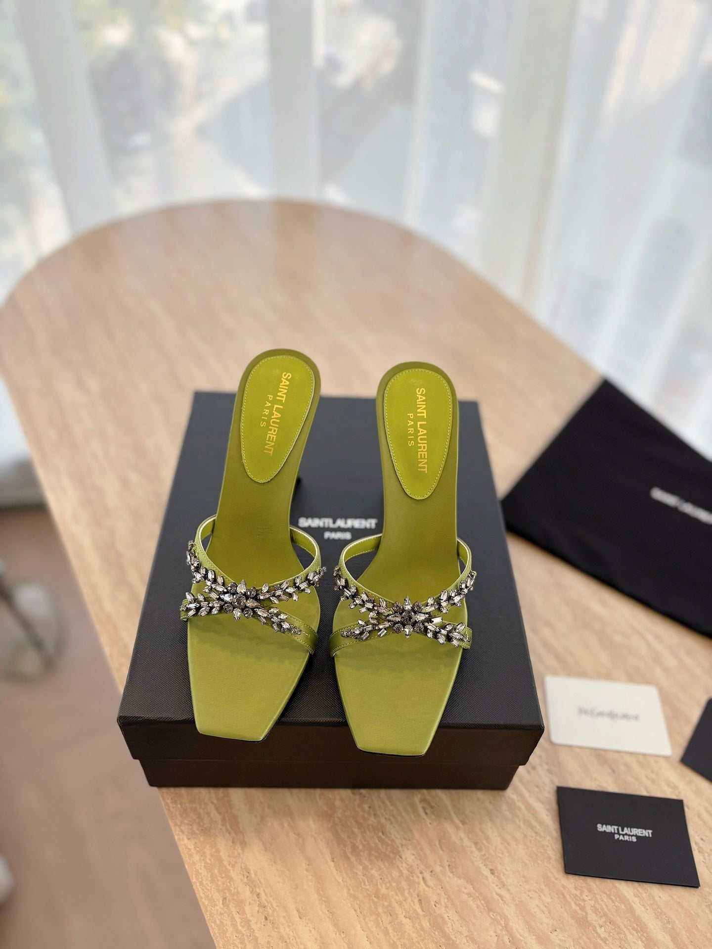 RAV HIGH HEEL 10 CM EMBELLISHED OLIVE GREEN SATIN MULES - 35
