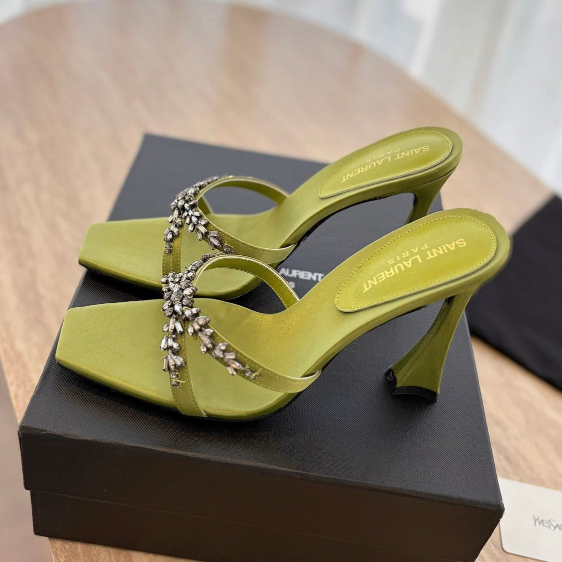 RAV HIGH HEEL 10 CM EMBELLISHED OLIVE GREEN SATIN MULES - 35