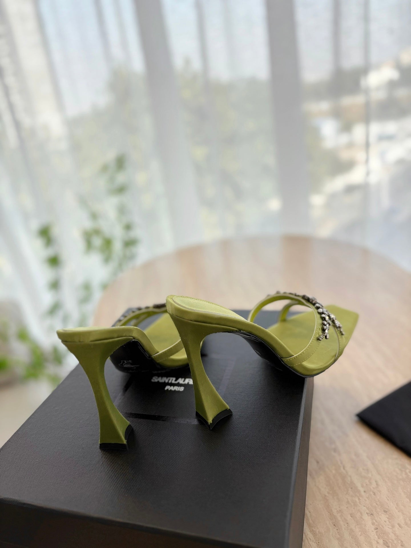 RAV HIGH HEEL 10 CM EMBELLISHED OLIVE GREEN SATIN MULES - 35