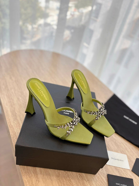RAV HIGH HEEL 10 CM EMBELLISHED OLIVE GREEN SATIN MULES - 35