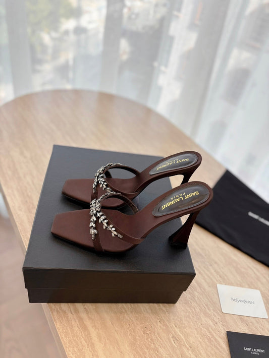 RAV HIGH HEEL 10 CM EMBELLISHED CHOCOLATE BROWN SATIN MULES - 35