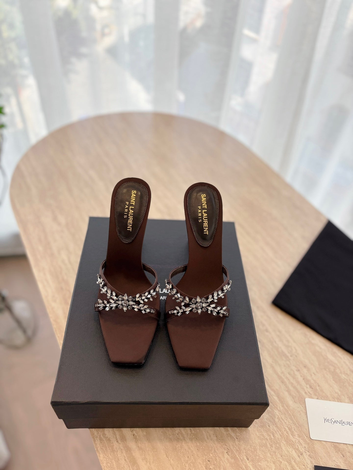 RAV HIGH HEEL 10 CM EMBELLISHED CHOCOLATE BROWN SATIN MULES - 35