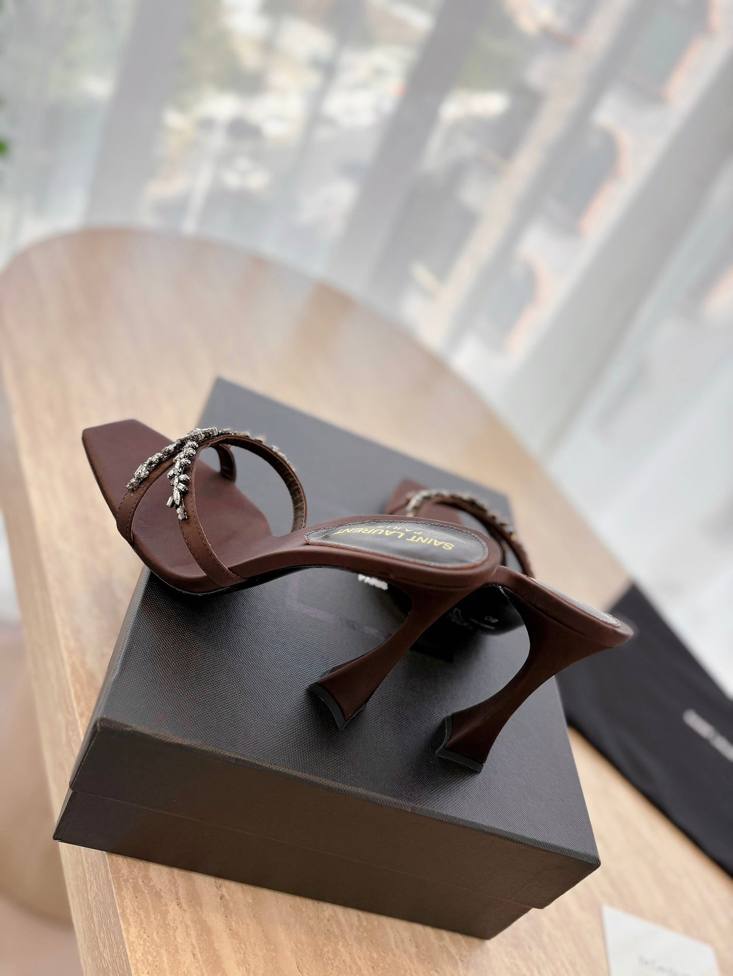 RAV HIGH HEEL 10 CM EMBELLISHED CHOCOLATE BROWN SATIN MULES - 35