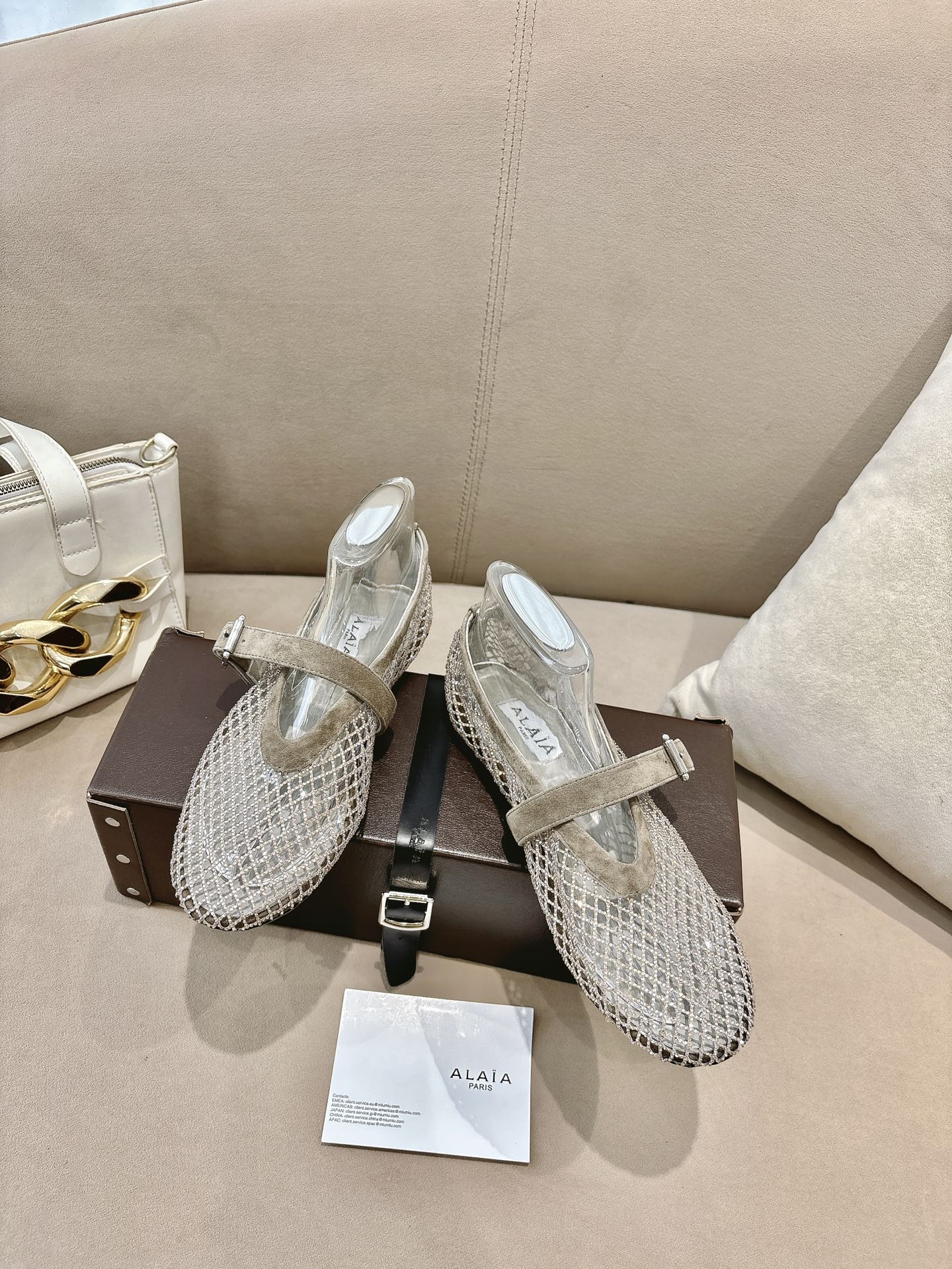 ALAIA 26S MESH FLATS IN BEIGE BROWN SUEDE