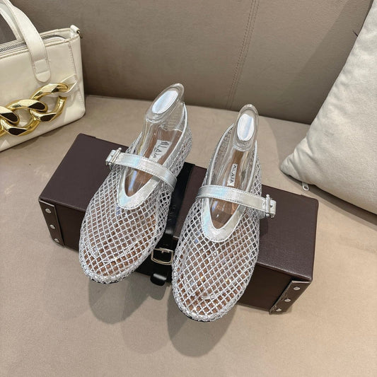 ALAIA 26S СІТЧАСТІ БАЛЕТКИ ЗІ СРІБНОЇ ШКІРИ ЯГНЯТИ