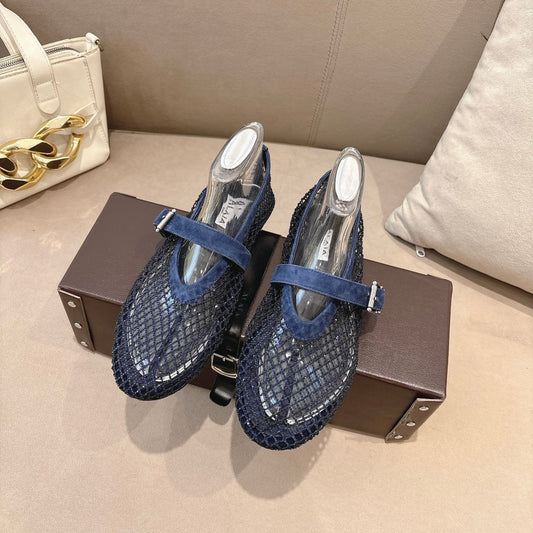 ALAIA 26S СІТЧАСТІ БАЛЕТКИ З ЗАМШІ СИНЬОГО КОЛЬОРУ