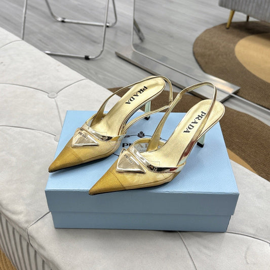 PRADA 25S TRIANGLE LOGO SLINGBACK PUMPS IN GOLD MESH FABRIC - 35