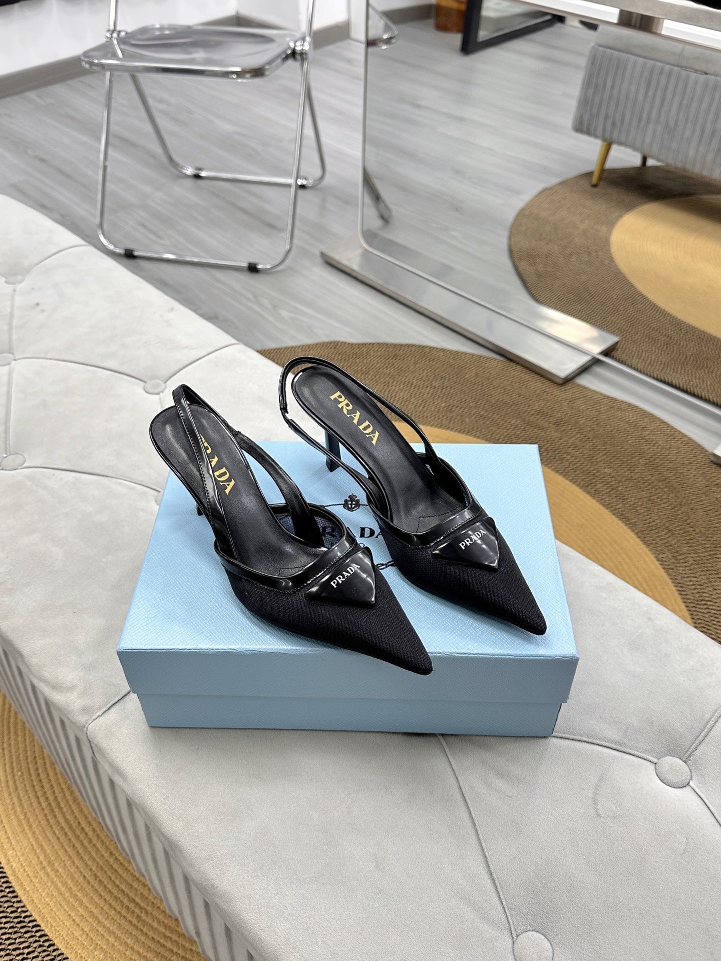 PRADA 25S TRIANGLE LOGO SLINGBACK PUMPS IN BLACK MESH FABRIC - 35