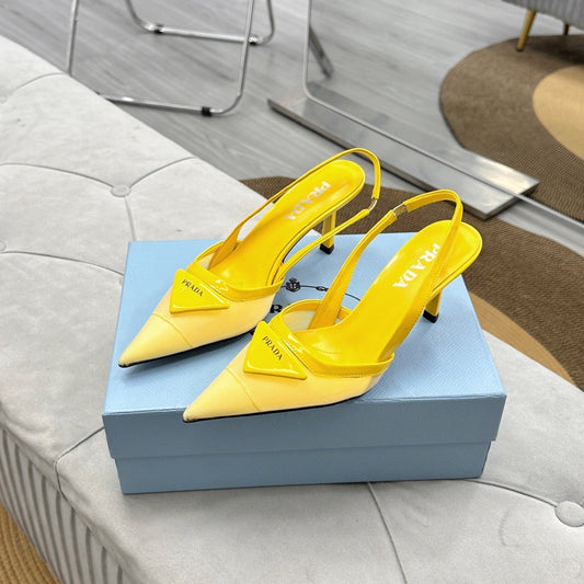 PRADA 25S TRIANGLE LOGO SLINGBACK PUMPS IN YELLOW MESH FABRIC - 35