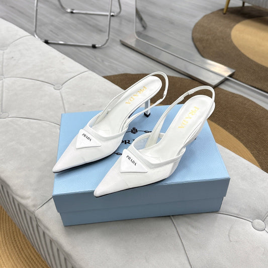 PRADA 25S TRIANGLE LOGO SLINGBACK PUMPS IN WHITE MESH FABRIC - 35