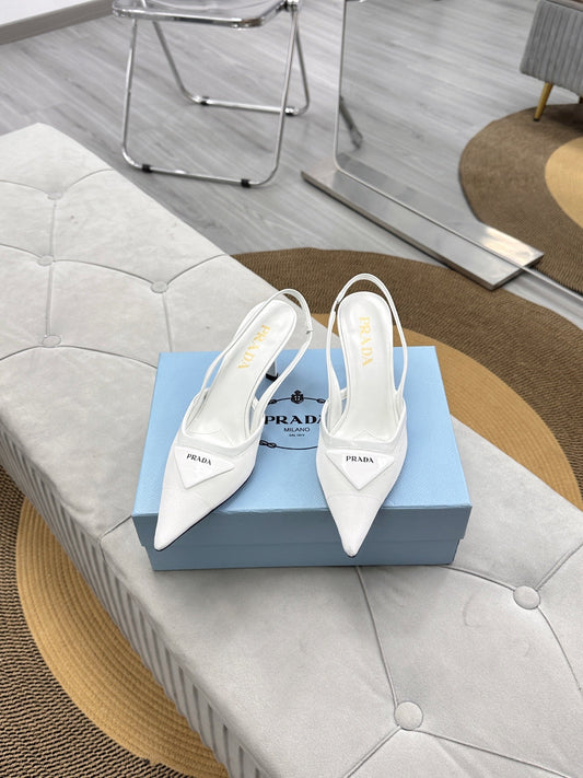 PRADA 25S ТУФЛІ-СЛІНГБЕКИ З ТРИКУТНИМ ЛОГОТИПОМ З БІЛОЇ СІТЧАСТОЇ ТКАНИНИ - 35