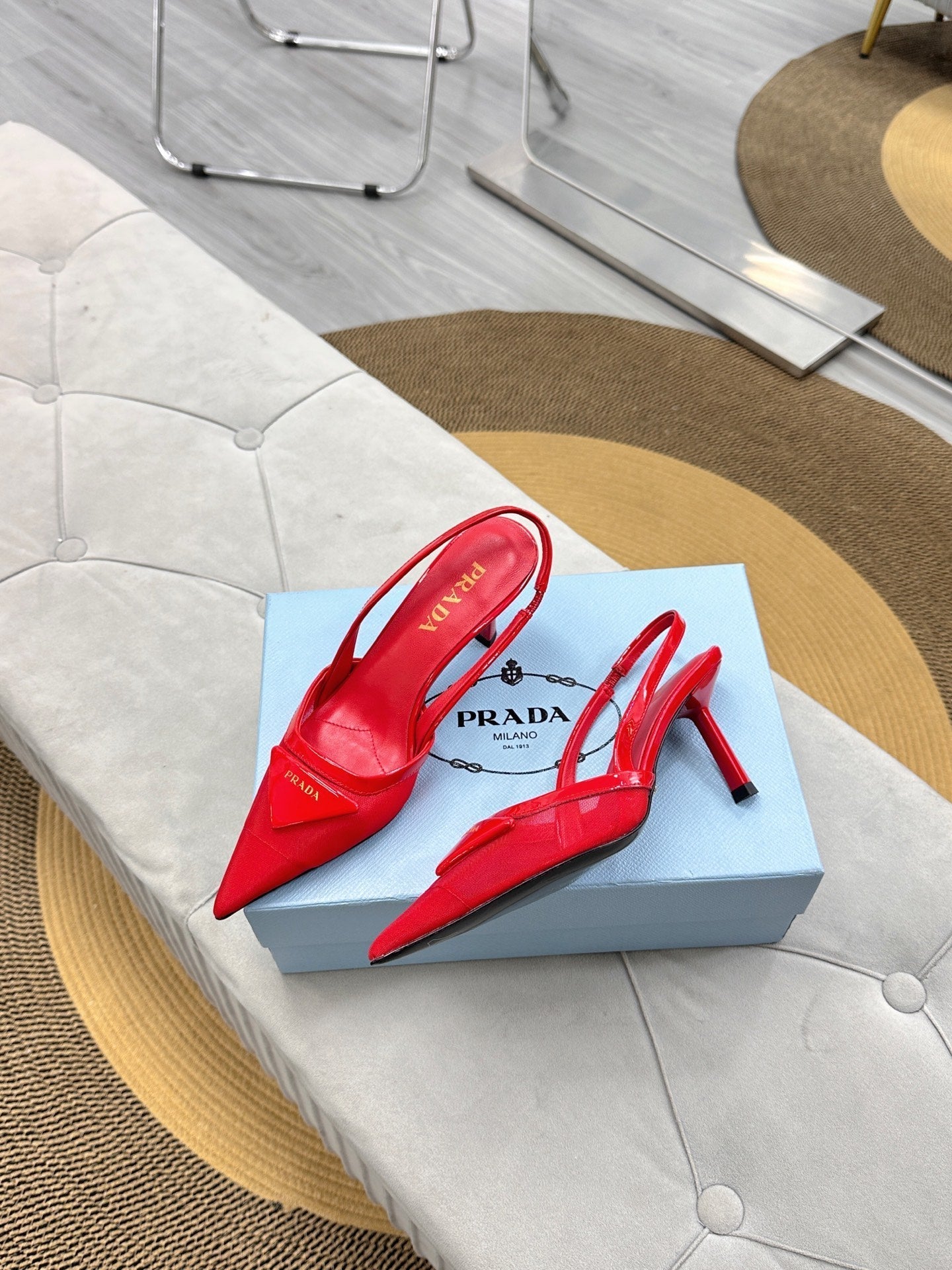 PRADA 25S TRIANGLE LOGO SLINGBACK PUMPS IN RED MESH FABRIC - 35