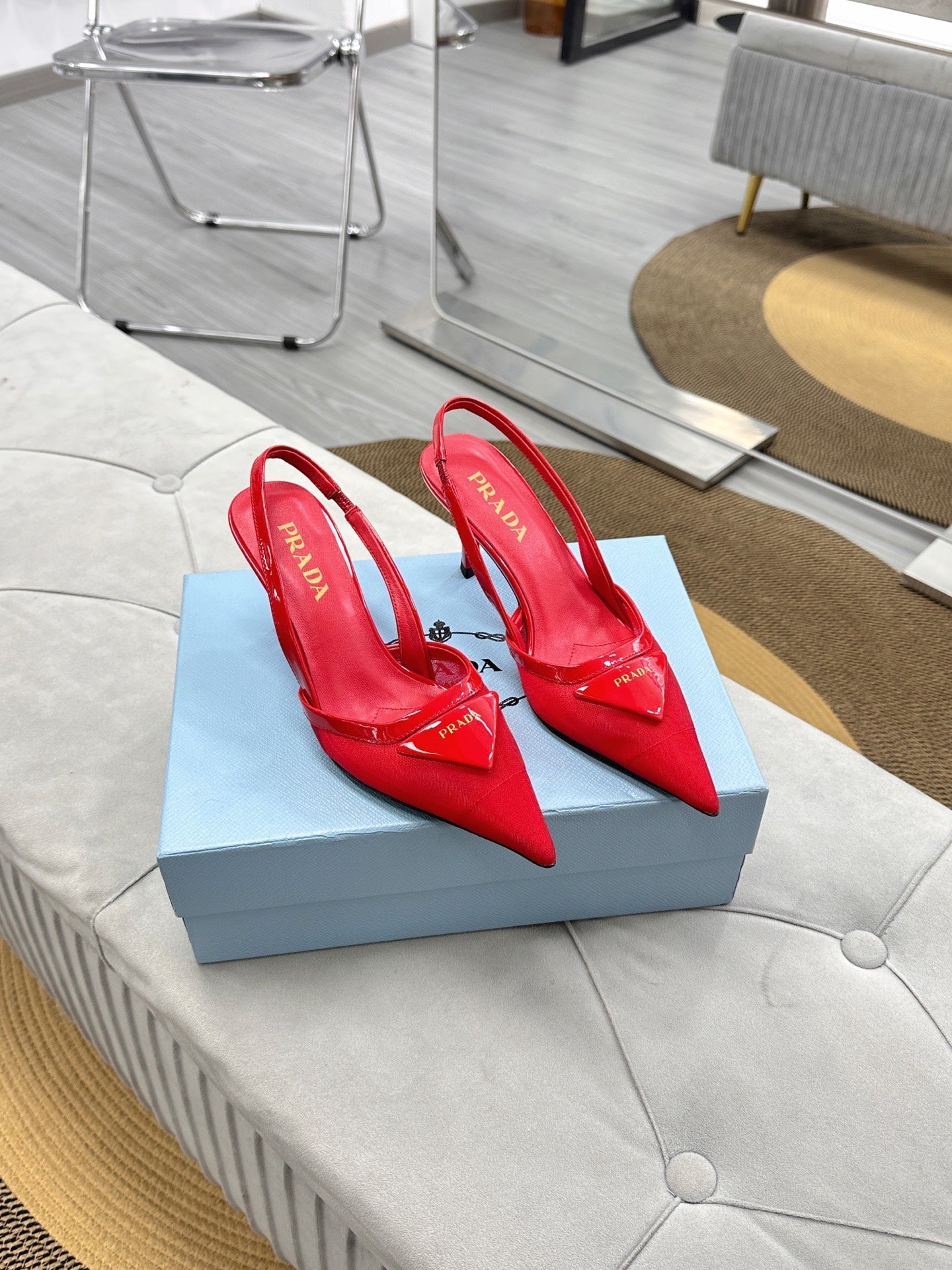 PRADA 25S TRIANGLE LOGO SLINGBACK PUMPS IN RED MESH FABRIC - 35